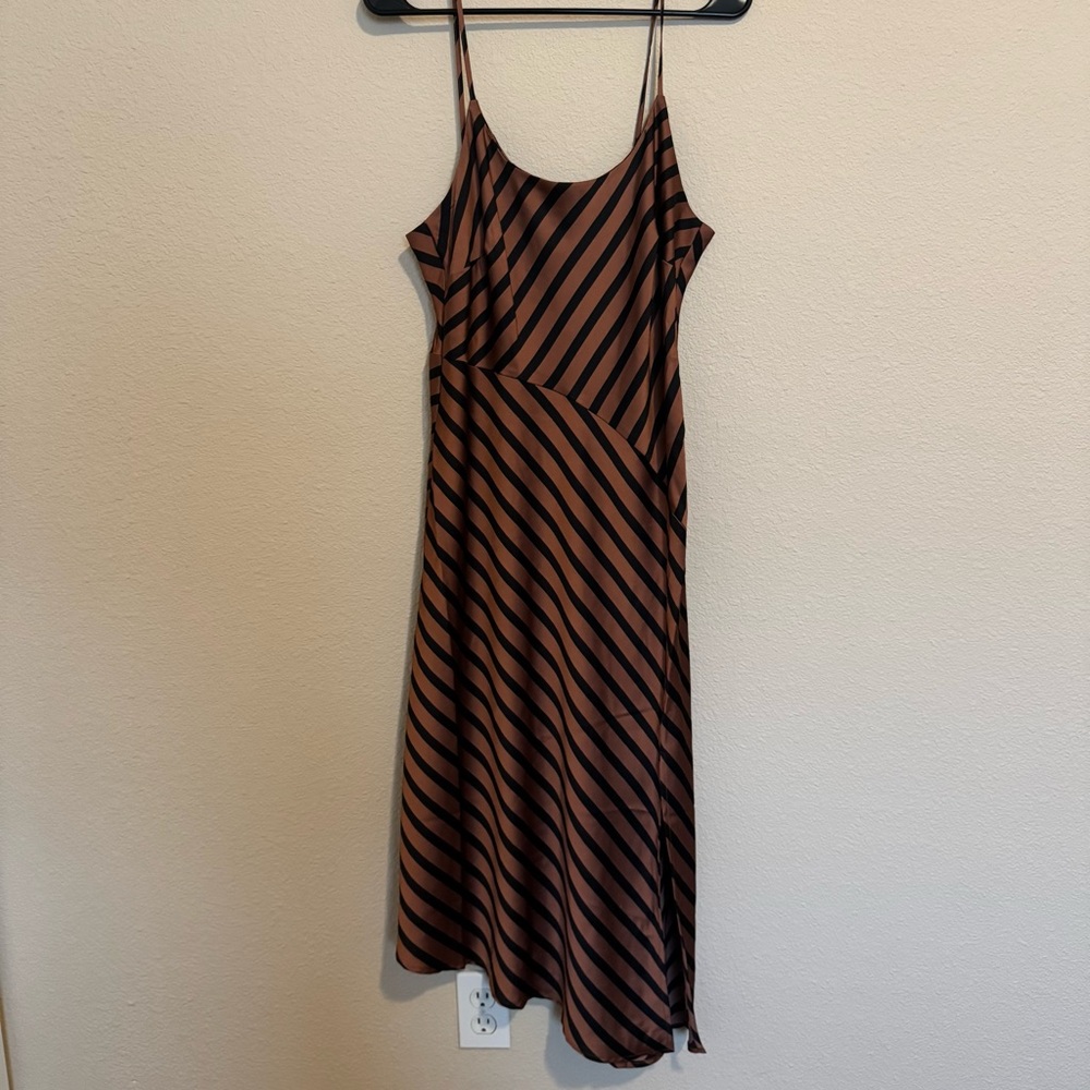 A New Day Asymmetrical Brown and Black Striped Midi Slip Dress